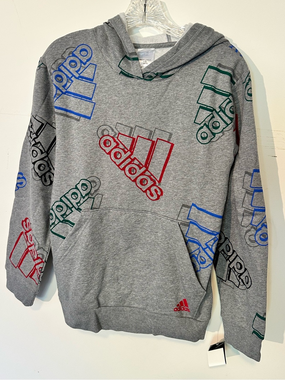 NWT Adidas Boys L 14/16 Hoodie Gray Multicolor Allover Logo Print